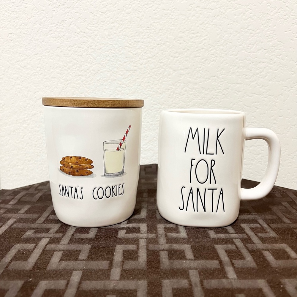 Rae Dunn SANTA’S COOKIES cellar and MILK FOR SANTA mug
